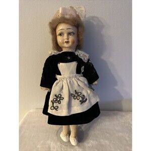 Antique 1925 Belgium Girl Doll Hand Painted Plastic Face Stuffed Body Doll 13”